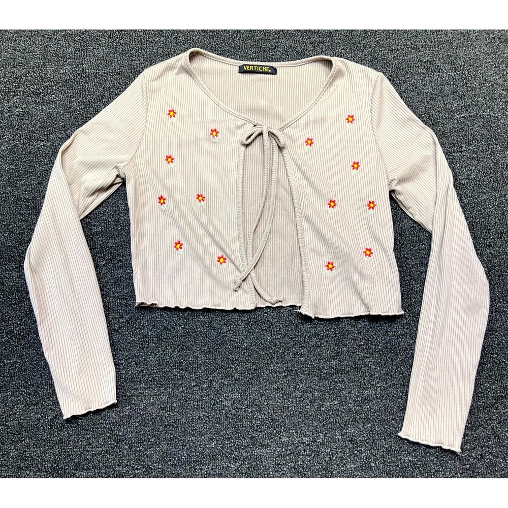 Vertiche Cropped Cardigan Womens Beige Floral Print Embroidered Ribbed Tie Front